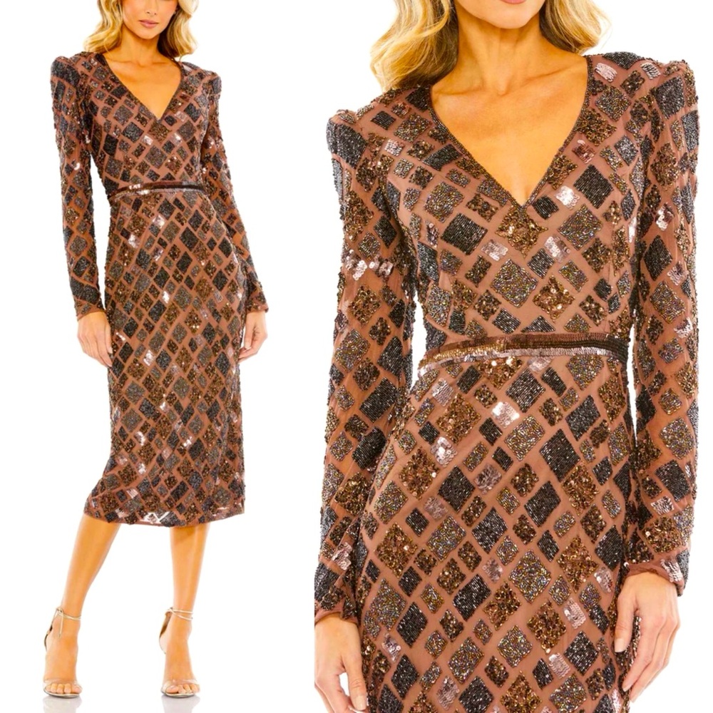 Diamond Bead Long Sleeve Midi Dress
Mac Duggal NWT 
Chocolate 🤎 size 10